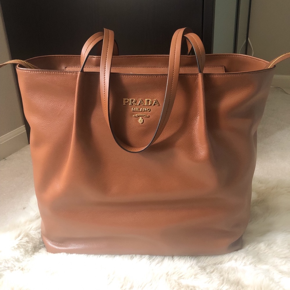Prada Glacé Calfskin City Tote in Cognac NEW